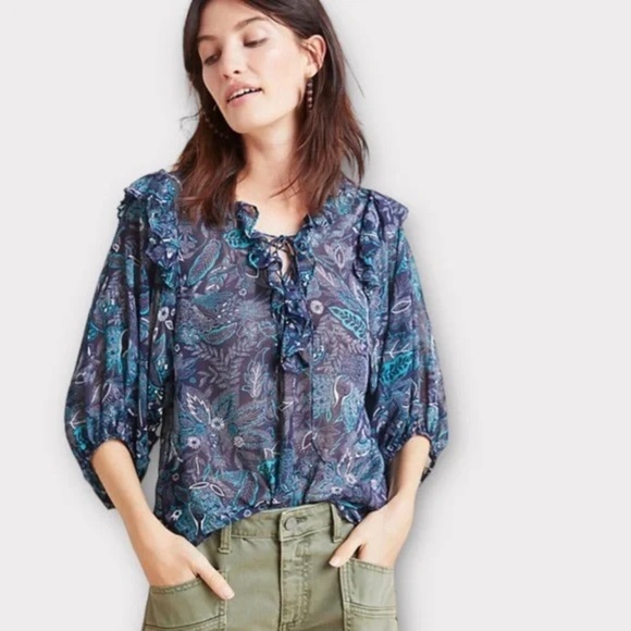 Anthropologie paisley bohemian blouse top size medium floral sheer flowy - Picture 6 of 7